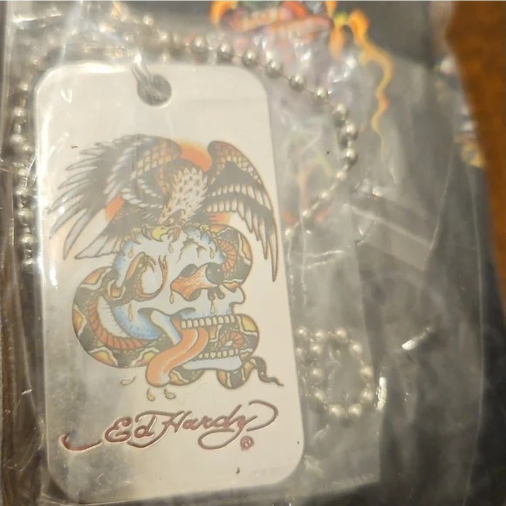 Ed Hardy White Dog Tag Necklace with Multicolor Skull & Snake Graphic